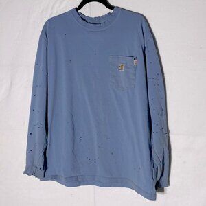 Carhartt Blue Distressed Destroyed Very Worn In Long Sleeve Crew Neck Shirt L